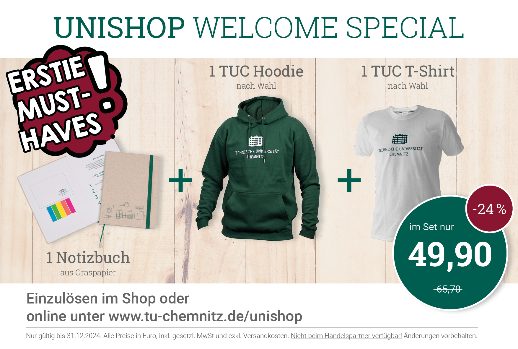 Werbung für den Unishop: Sweatshirt TUC + TUC-Notizbuch + 1 Stück TUC-Shirt  zum Sonderpreis von 49,90 Euro